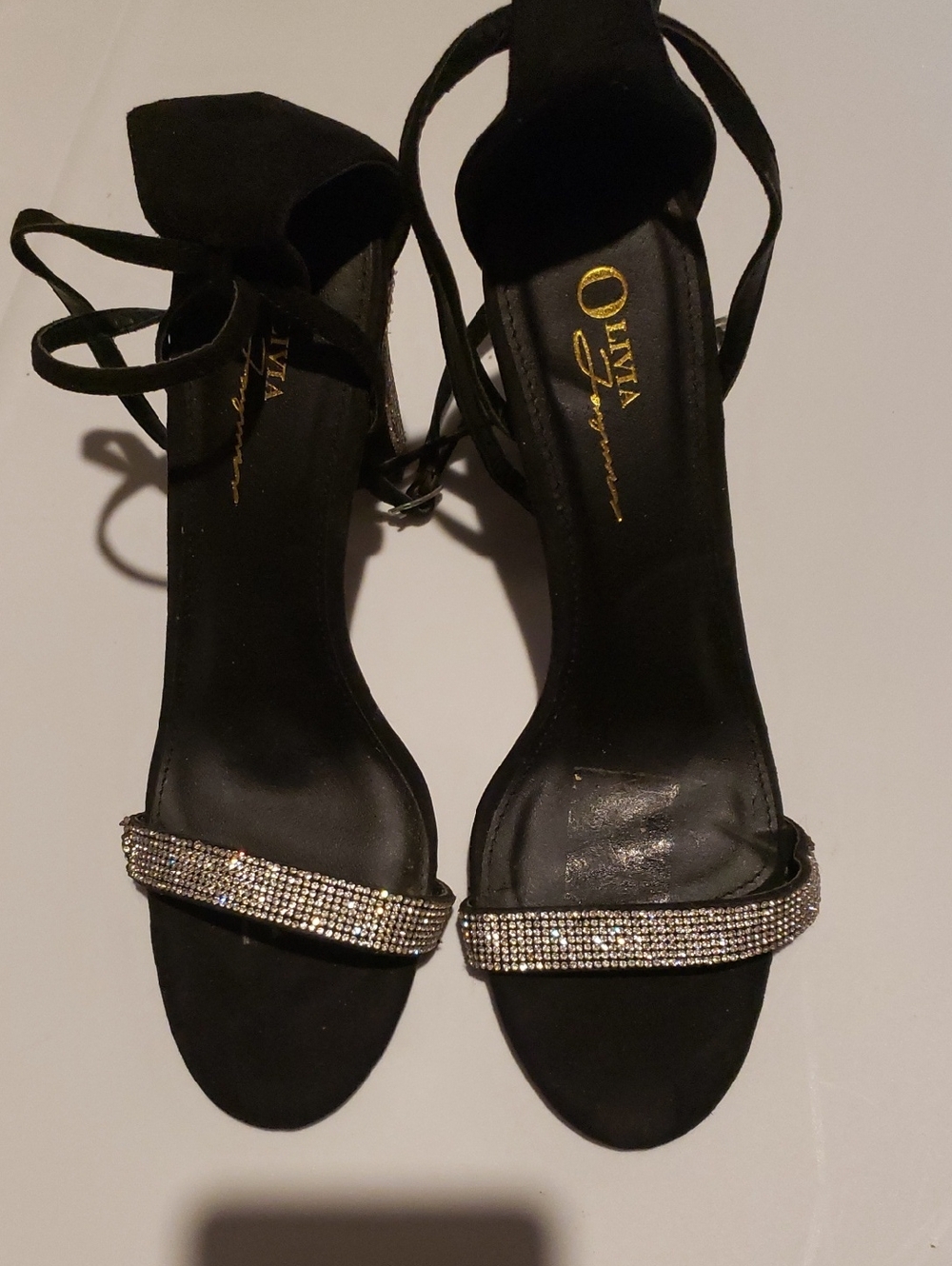 Olivia Signature Black Crystal-Strap Ankle-Tie Heels